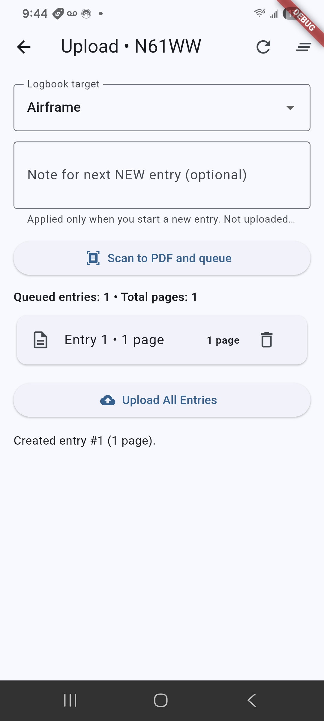 Upload screen with queued entry ready to upload