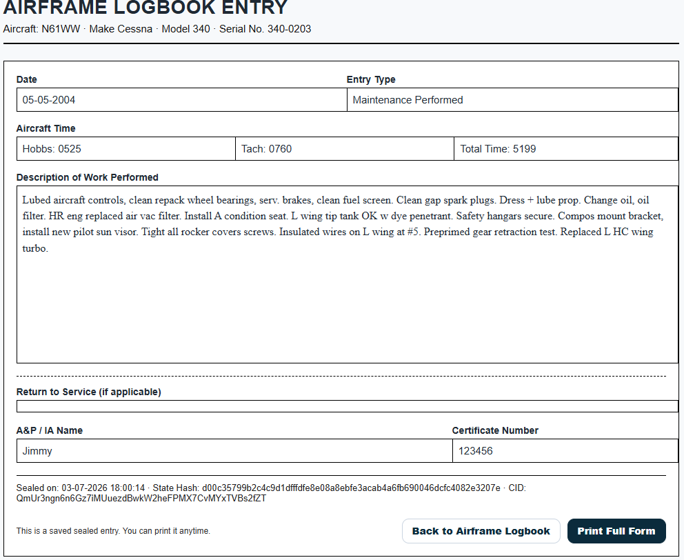 Sealed logbook entry showing timestamp, hash, and permanent record data